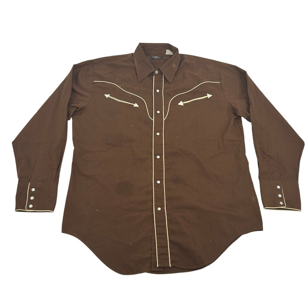 Montgomery Ward Western Shirt Mens L Brown Pearl Snap Smile Pocket Vintage 70s - Picture 2 of 11